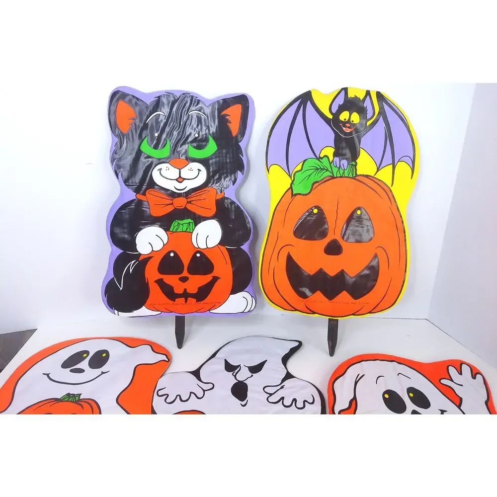 Vtg Fun World Yard Scenes 90s Halloween Vinyl Tombstone Ghost Pumpkin Cat Set 5